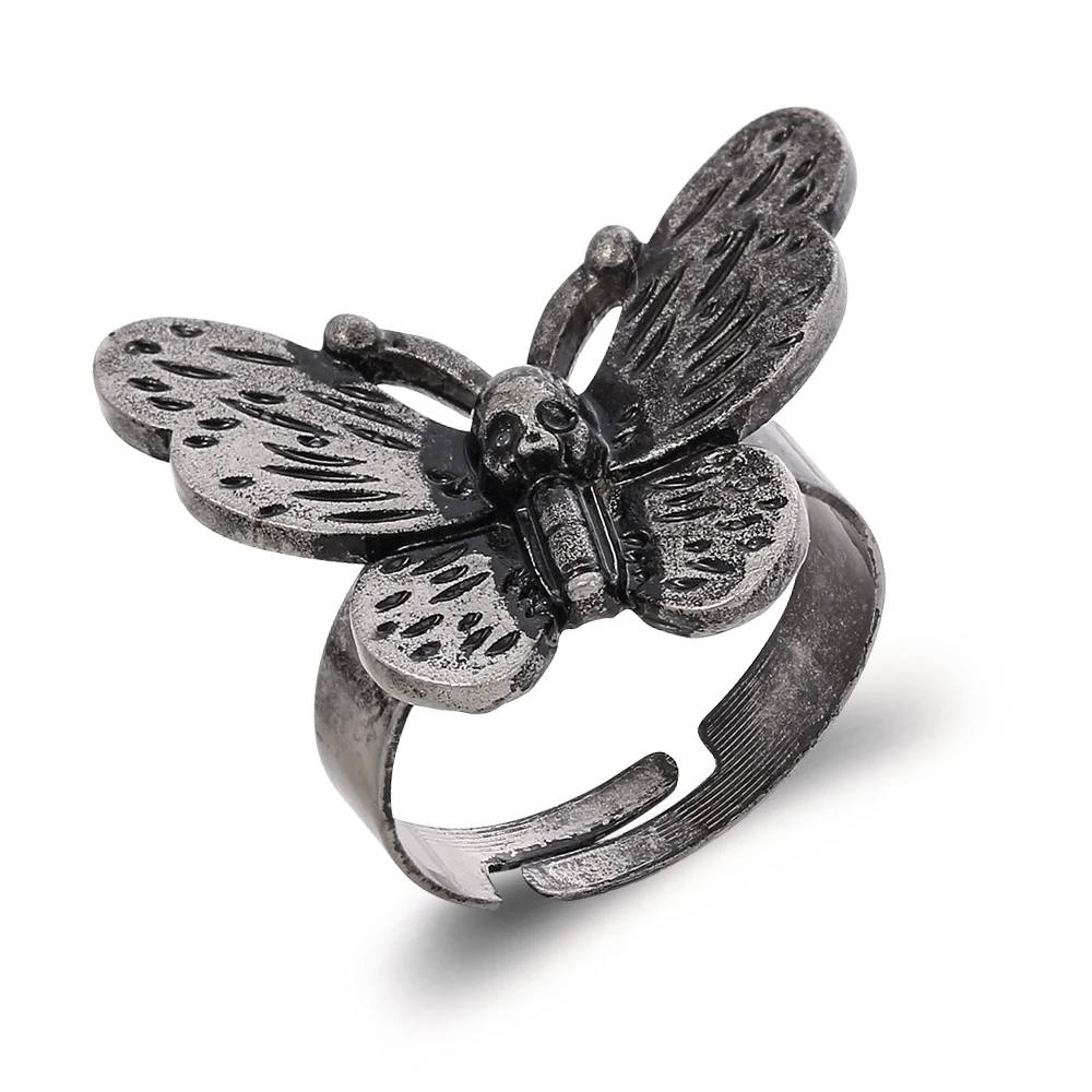 Кольцо женское регулируемое в готическом стиле с бабочкой и черепом кольцо
