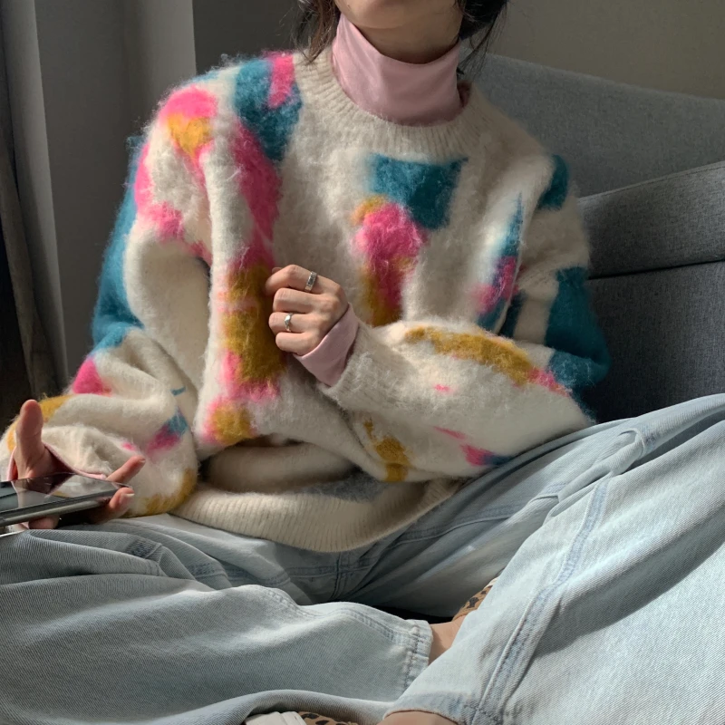 

2020 Winter New Colorful Rainbow Fashion Pullover for Ladies Elagant Termperament Mild Sweaters Loose Oversize Casual Sweaters