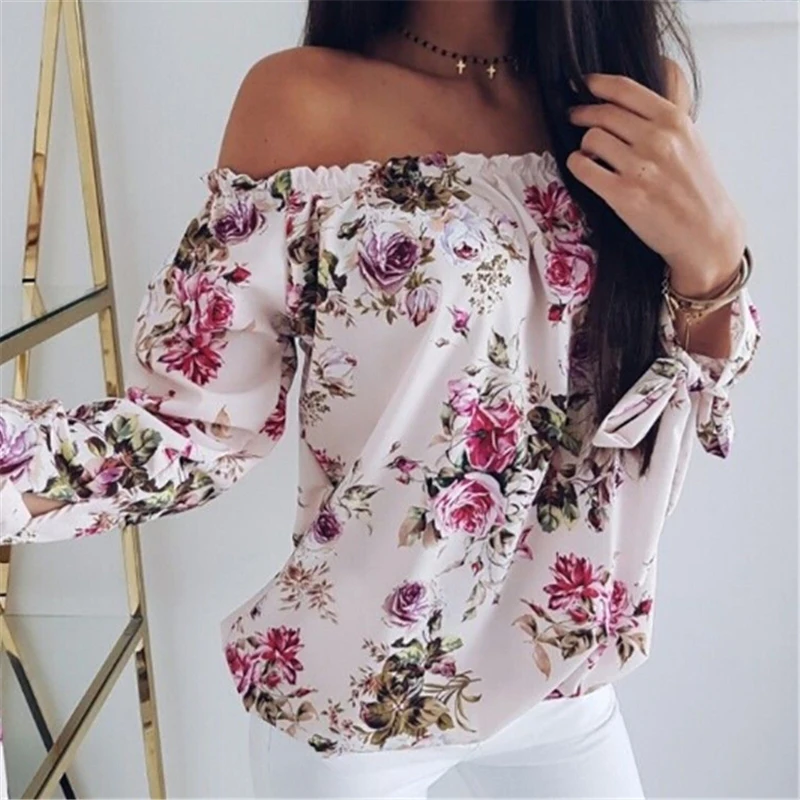 Spring Womens Floral Off Shoulder Tops New Ladies Sexy Large Size Pink White T-shirt Autumn Woman 3/4 Sleeve T Shirts | Женская одежда