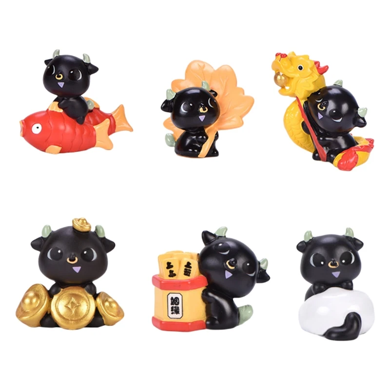 

34YF 6pcs Cute Cow Micro Landscape Figurine Ornaments Resin Craft Miniature Fairy Garden Decoration New Year Gift