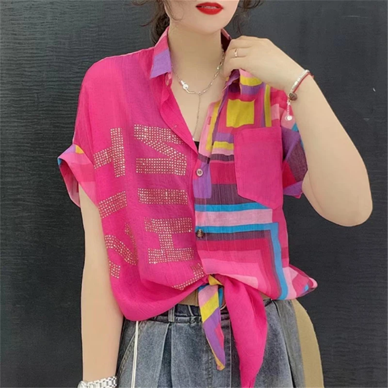 

2021 Summer Fashion New Loose Print Color Matching Diamond Letters Short-Sleeved Shirt Women's Top Trendy H024