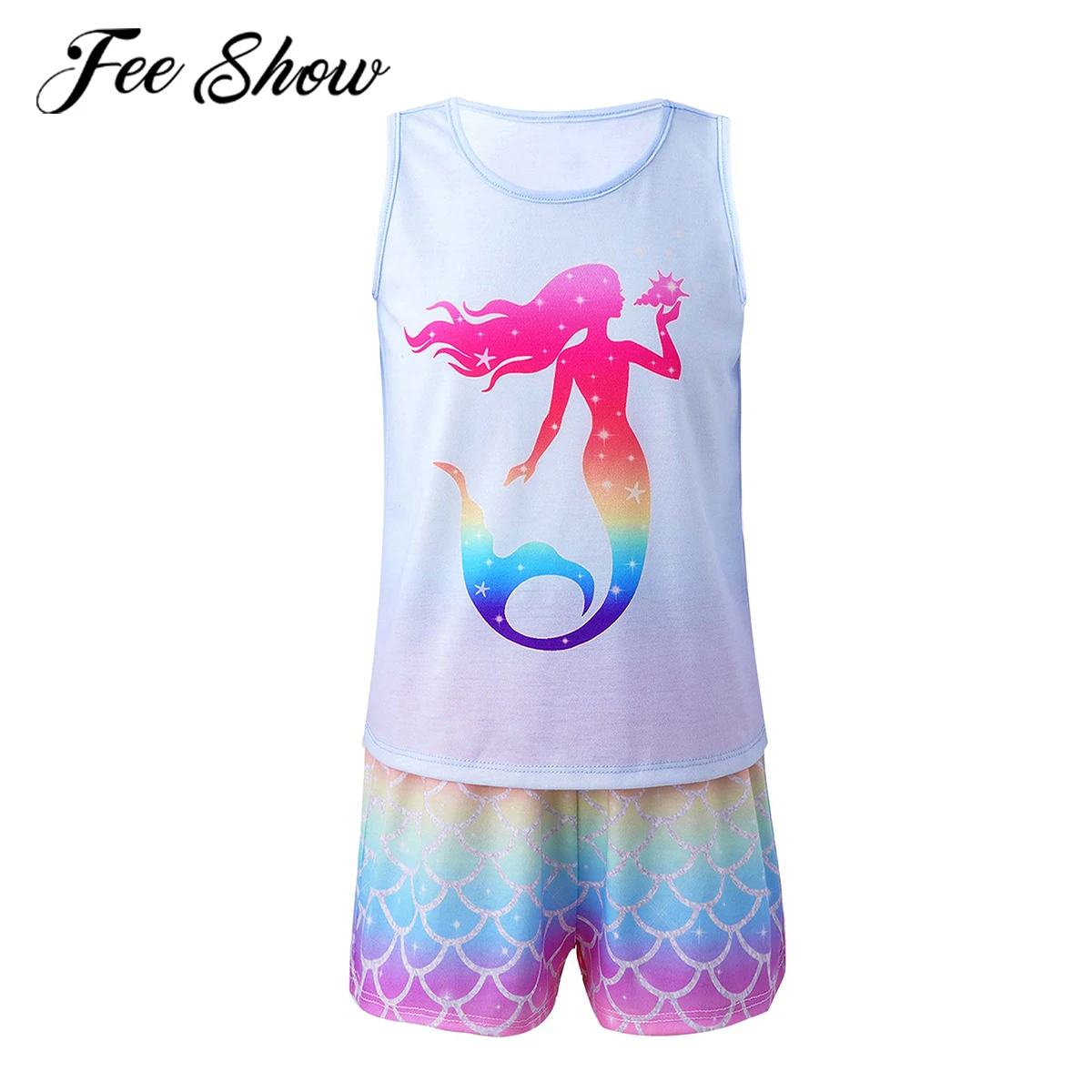 

Kids Pajamas Girls Summer Suit Cotton Casual Mermaid Home Clothes Children Sleeveless Vest Tops + Shorts Sleepwear Set 6-14Y