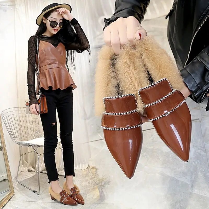Обувь с острым носком Женская зимняя обувь кроличьим мехом Модная из