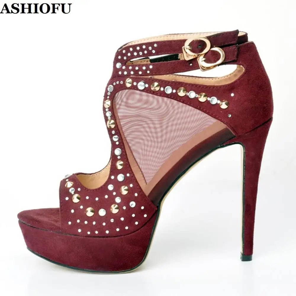 

ASHIOFU Handmade New Ladies Stiletto High Heel Sandals Air-mesh Leather Sexy Party Prom Shoes Rivets Spikes Evening Sandal Shoes