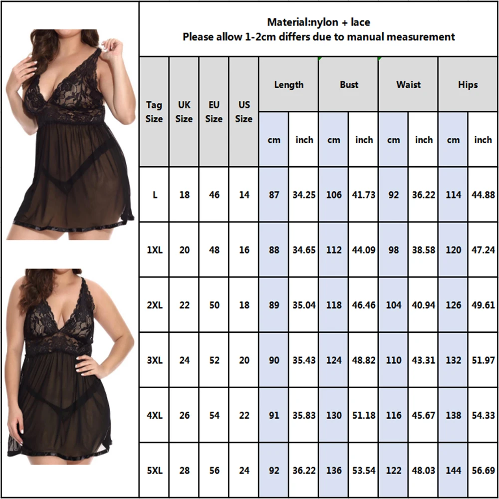 

Women Plus Size Sexy Lingerie Set Lace Hollow Out Babydoll EroticMini Dress Transparent Temptation Solid Underwear G-string D30