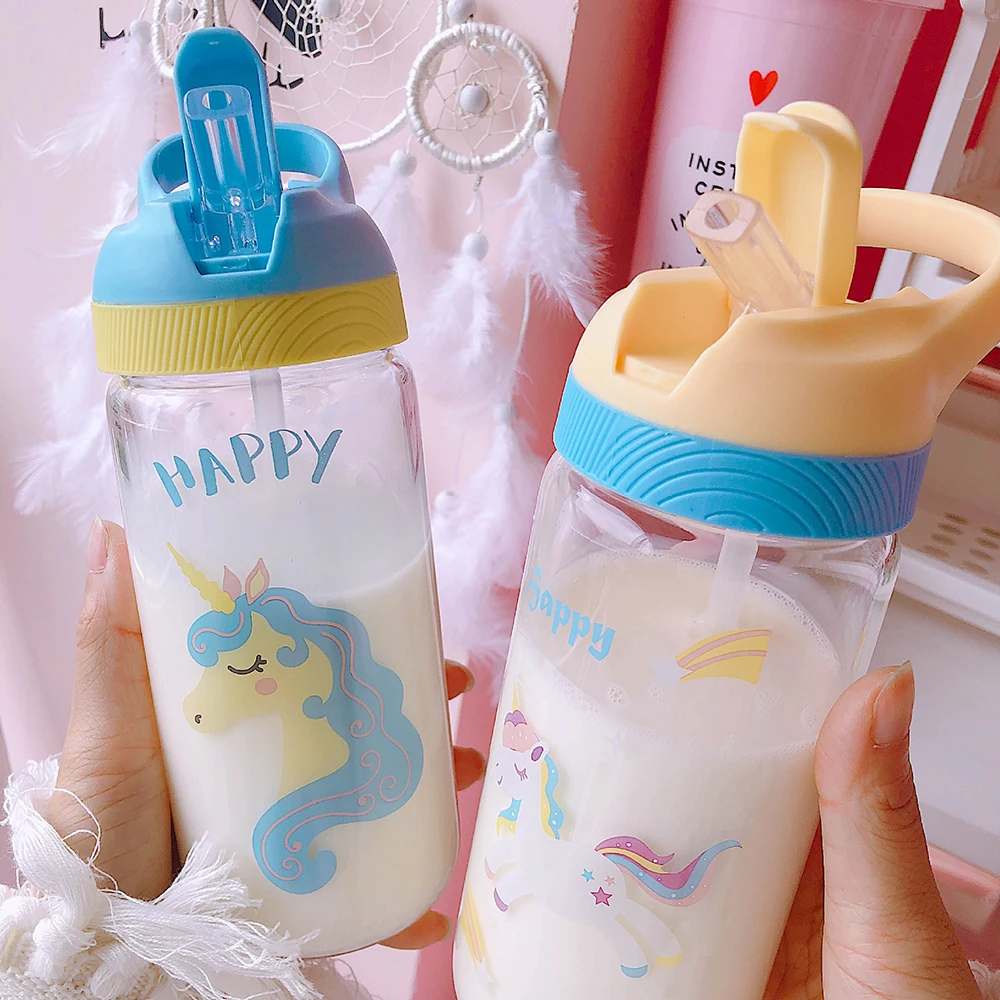 Новинка 500 мл милая мультяшная стеклянная бутылка для воды с единорогом и