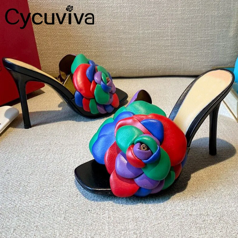 

Sexy Big Flower High Heel Mules Shoes Women Slippers Slip On Flip Flops Ladies Designer Slides Summer Leather Shoes For Women