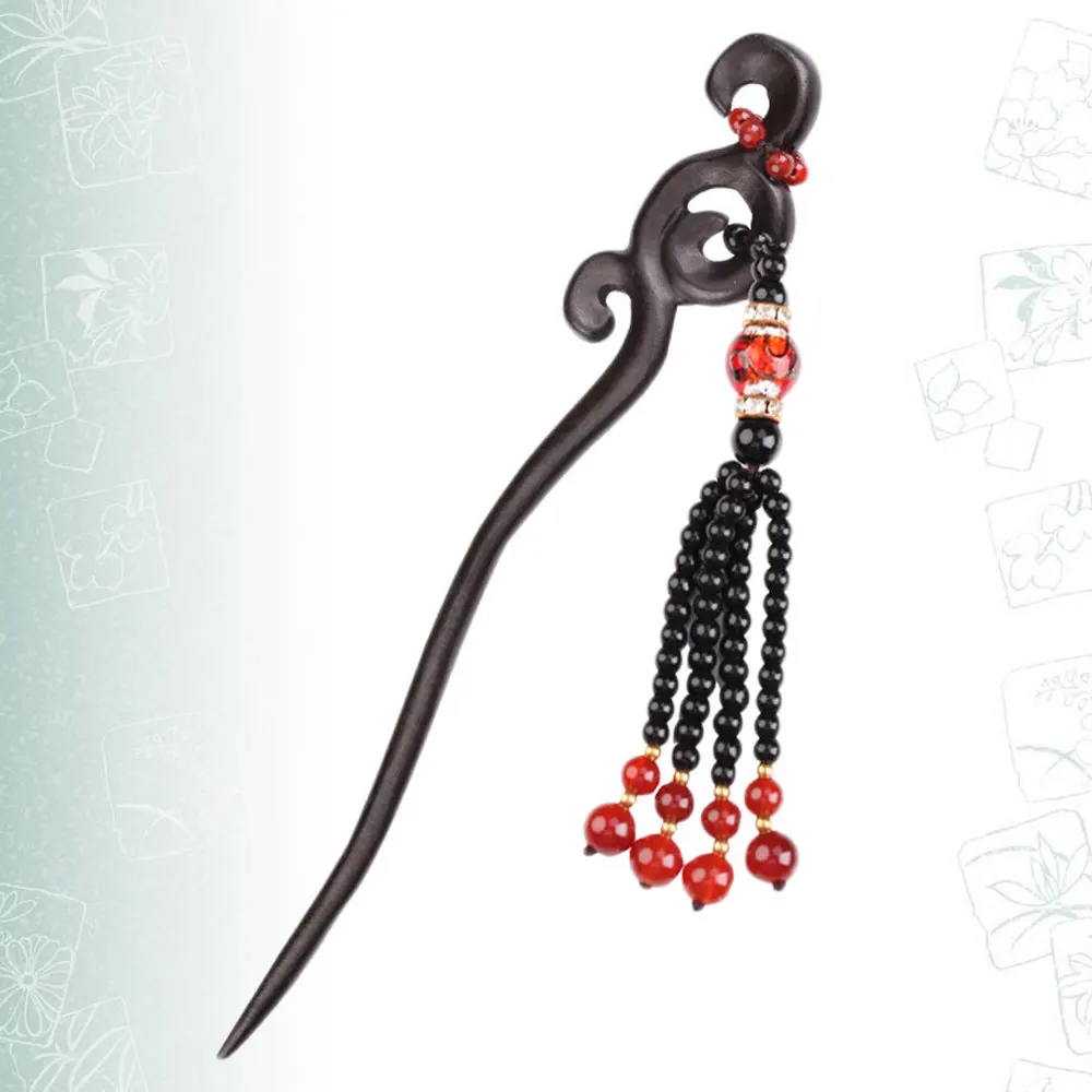 

Retro Hair Pin Fringed Sandalwood Headdress Up-do Hairpin for Decoration As Shown