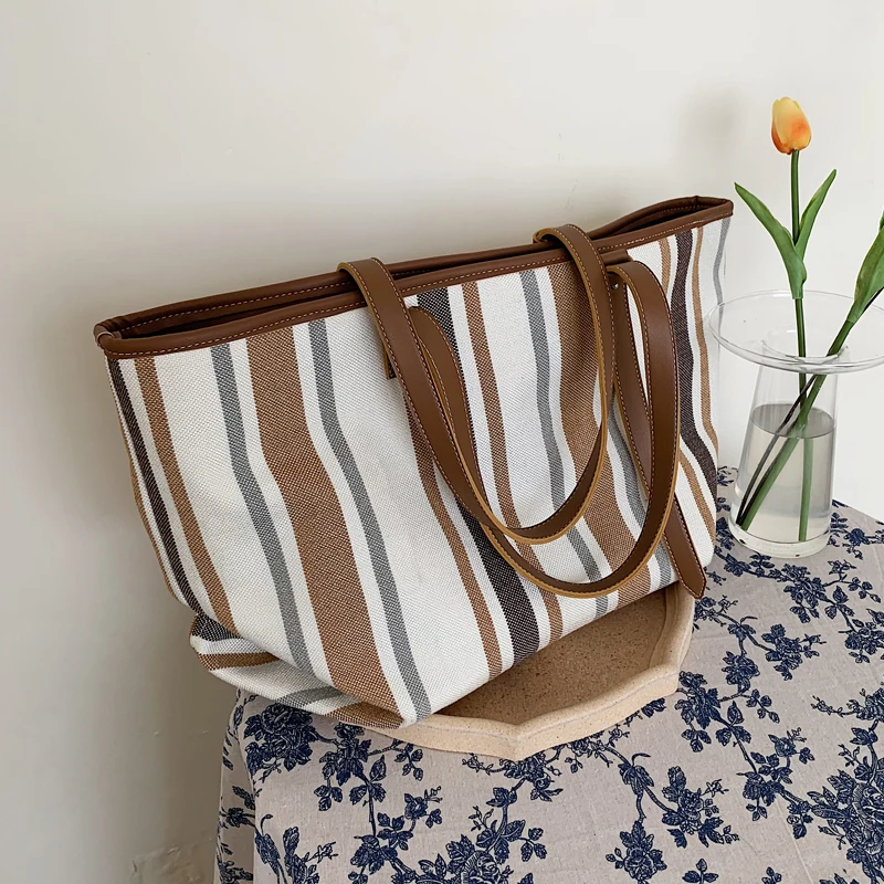 Новые женские холщовые сумки тоуты модные полосатые тканевые женская большая