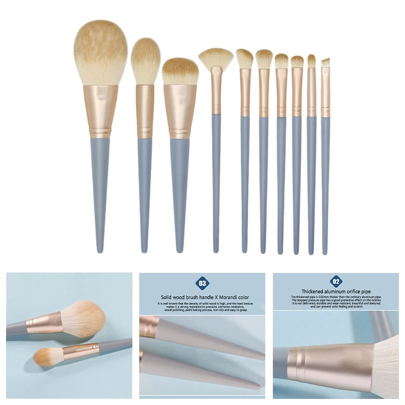 

10Pcs Pro Makeup Brushes Set Blue Wood Handle Foundation Eyeshadow Eyeliner Blending Brush Women Makeup Tools