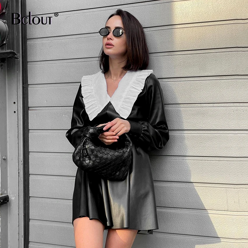 Женское кожаное платье Bclout с воротником Питер Пэн Осеннее Черное мини-платье в