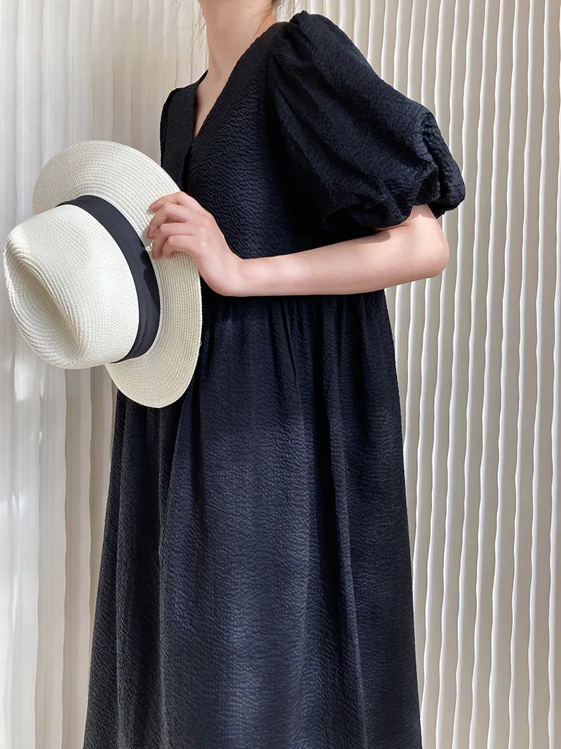 

2021 Women Summer White Long Dress V Neck Short Puff Sleeve High Waist Casual Sexy Loose Dress Bohemian Holiday Vacation Dress