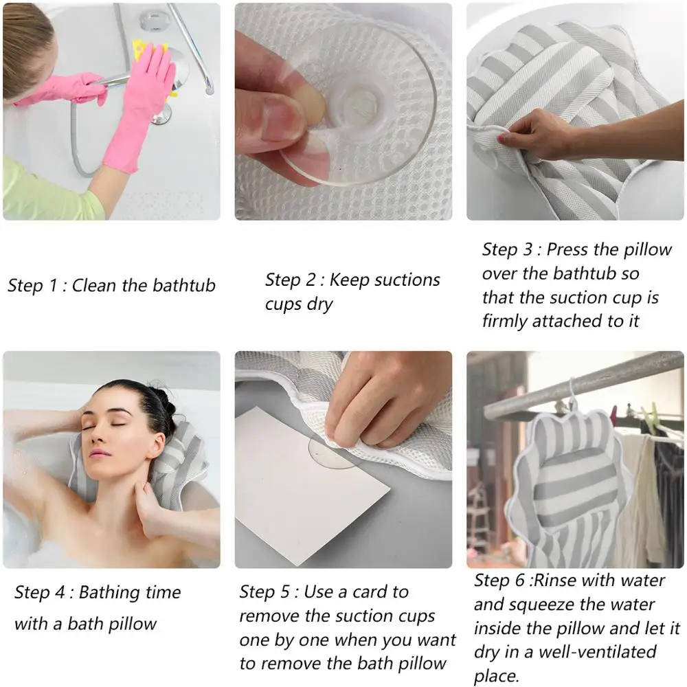 Bathroom Pillow Neck Support Anti-Slip Belt 6 Powerful Suction Cups 3D Mesh Mold Design Bath Pillows Waterproof and Quick Dry
