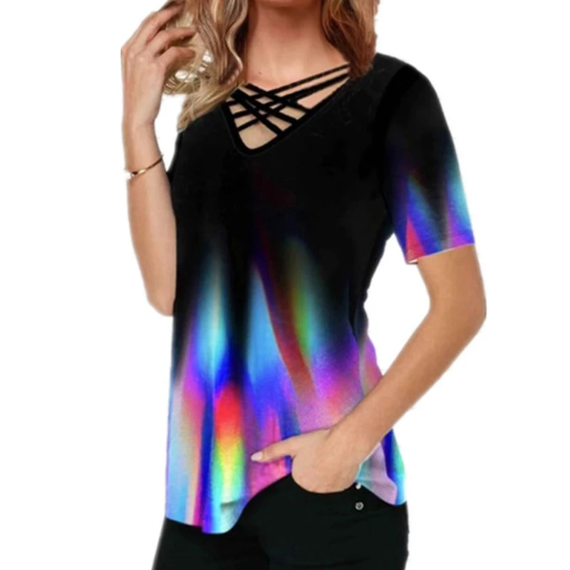 

Women Color Short Sleeve Tee 3D T-Shirts Lady Gradient Print V-Neck Bandage T-Shirt Top For Streetwear T-Shirts 2021 Clothing