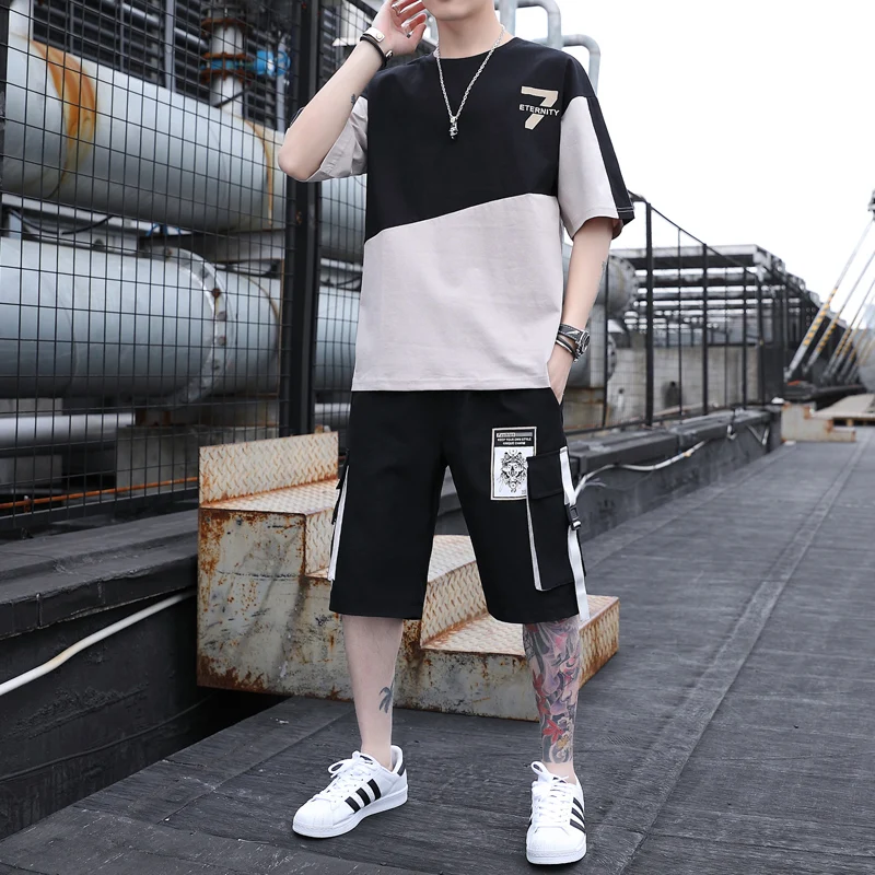 

2021 Summer New Men's Casual Set 2 Pcs Sportswear Suit Short Sleeve T-Shirt + Short Knee-Length Pants Sets Male Tracksuit M-3XL