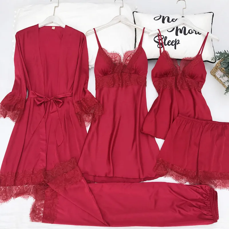

5PCS Pajamas Set Silk Satin Womens Lace Nightwear Spring Strap Pyjamas Suit Female Lounge Sleepwear with Chest Pads Home Wear