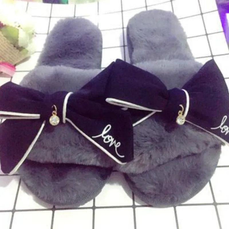 Dropshipping Famous Brand Fur Flip Flops Sweet Lace Bow Slides Designer Winter Women Sandals Warm Cozy Home Slippers Flower | Обувь