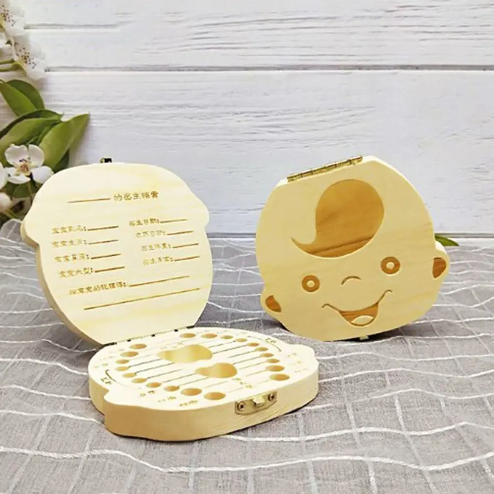 

Wood Color English Wooden Baby Tooth Box Container Boy & Girl Deciduous Teeth Box Memorial Collection Baby Souvenir Box