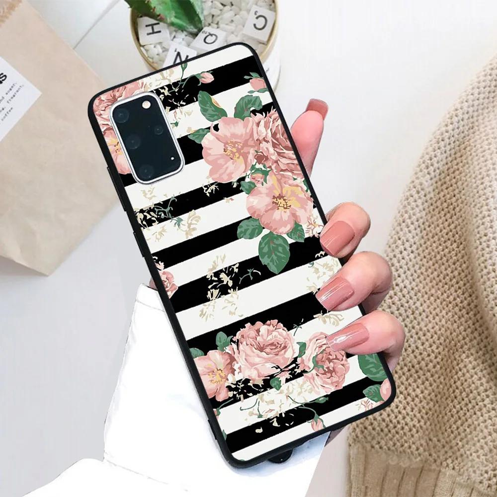 

For Samsung Galaxy VINTAGE FLORAL ROSES BLACK AND WHITE STRIPES Soft TPU Black Border Samsung Galaxy Case