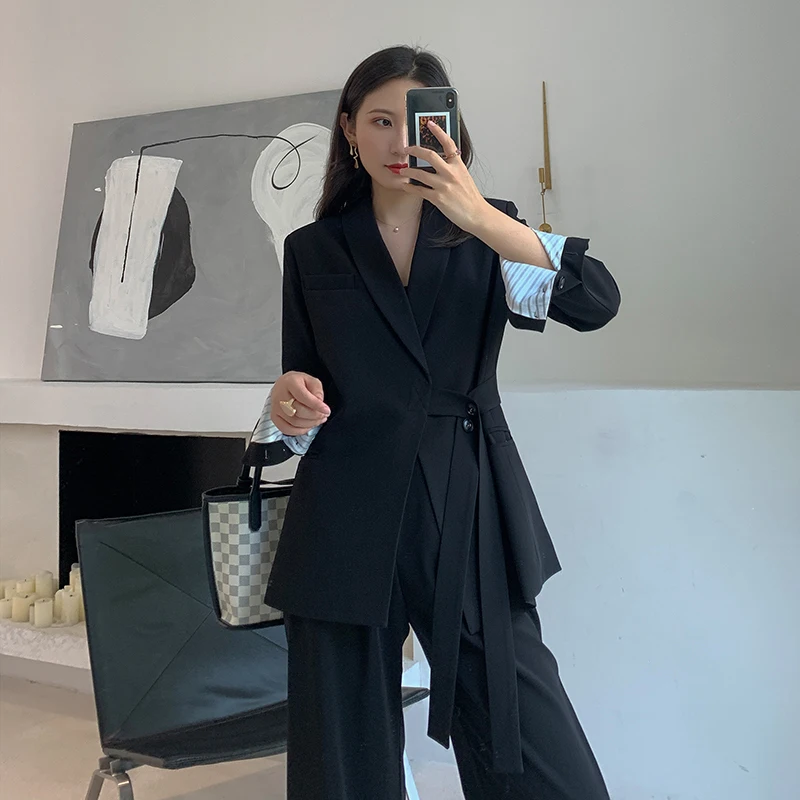 

High Quality Two Pieces Pants Set 2019 Autumn Women's Suit Waist Belt Blazer Jacket + Loose Wide Leg Pants