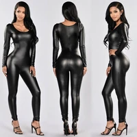 jumpsuits for women black leather latex catsuits with zipper bodysuit ladies long sleeve sexy elastic jumpsuit club wear 2021