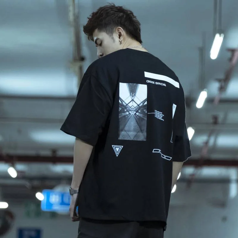 CROXX Techwear Мужская хлопковая футболка с графическим рисунком футуристический