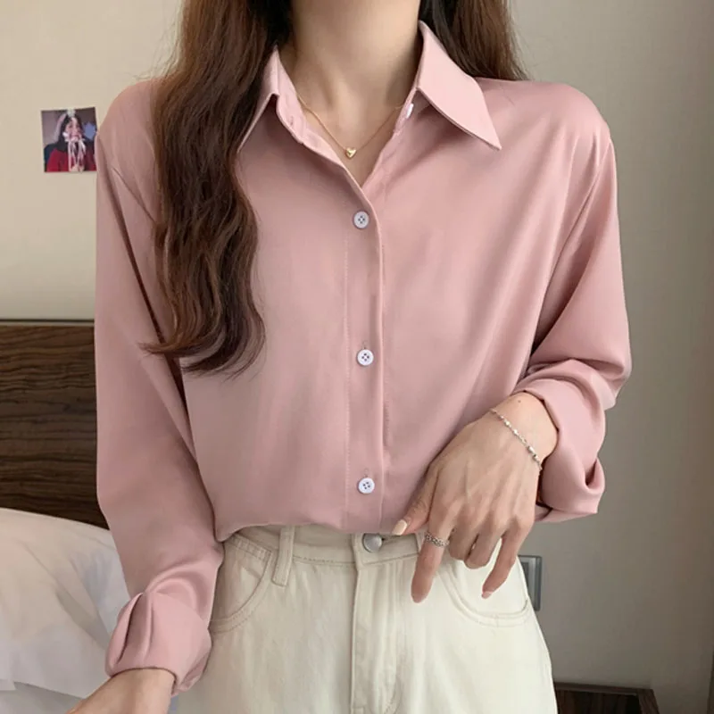 

2022 New Spring Loose Casual White Long Sleeve Shirt Solid Color Blue Black Pink Tops Mujer Blusas Femme Chiffon Clothing 1572