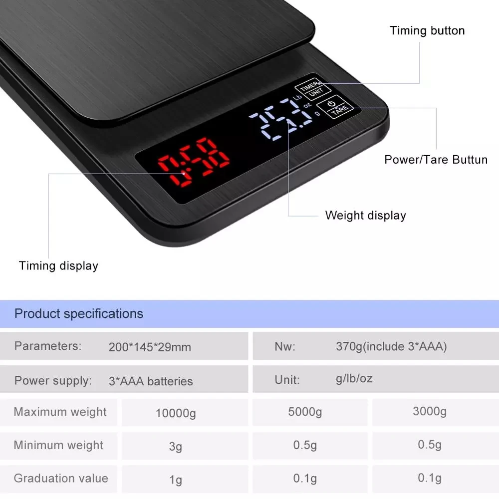 

3kg 5kg 10kg/0.1g Drip Coffee Scale With Timer Portable Electronic Digital Kitchen Scale High Precision LCD Electronic Scales