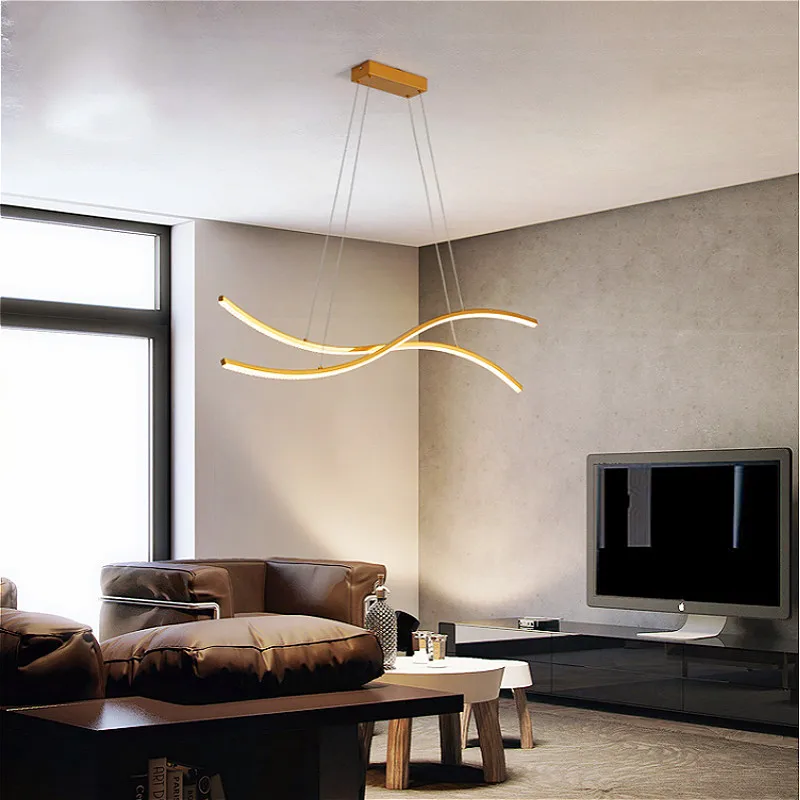

Modern dining room LED chandelier golden long crystal chandelier living room dining table light office kitchen bar dimming light