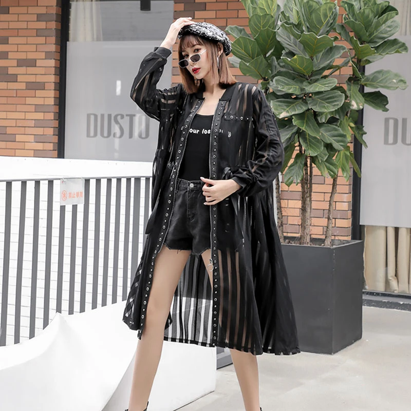 Тренчкот женский прозрачный на молнии Длинная ветровка с кружевом повседневный