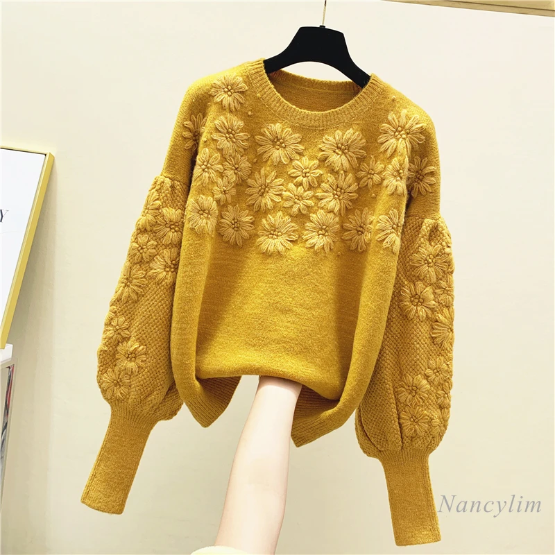 Flower Sweater Women 2021 Spring Winter New Loose Three-Dimensional Handmade Crocheted Embroidery Lantern Sleeve Pullover