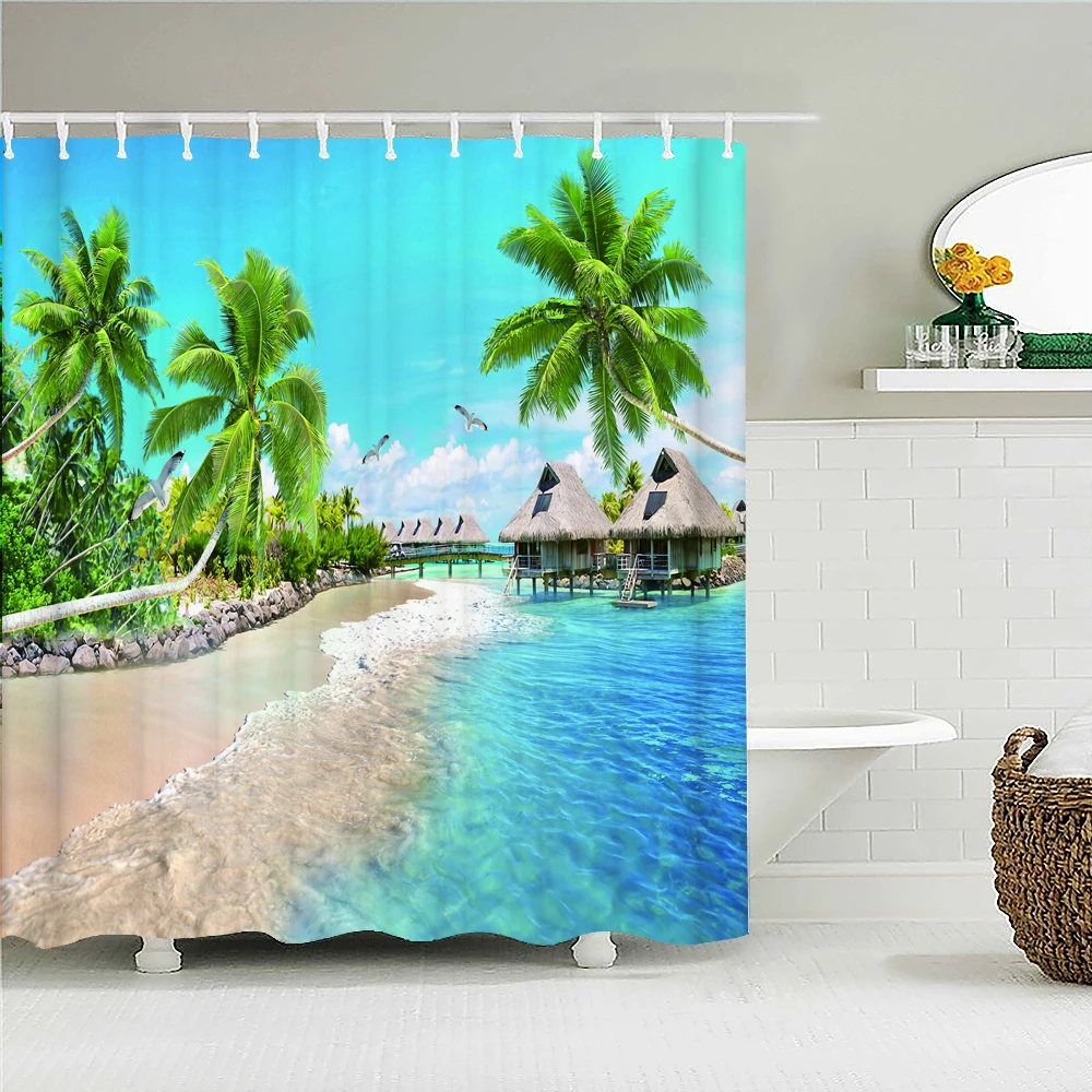 

Waterproof Shower Curtain For Bathroom Sunny Sea Beach landscape Print Bathtub Curtains Polyester Bathroom Curtain with 12 Hooks