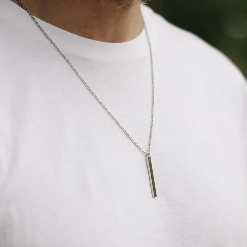 

2020 New Fashion Rectangle Bar Necklace Men Waterproof Stainless Steel Chain Pendant Necklace For Men Jewelry Gift