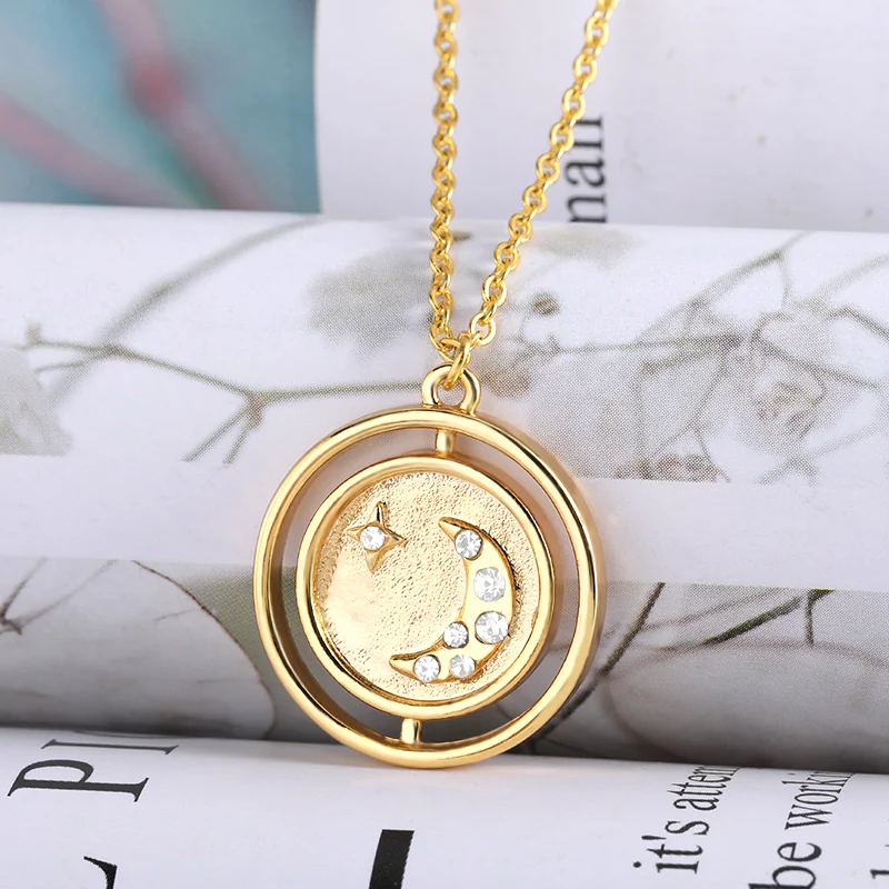 

Sun Moon Star Necklace Front And Back Crescent Sun Pendant Necklaces For Women Hollow Zircon Copper Charm Jewelry Party Gifts