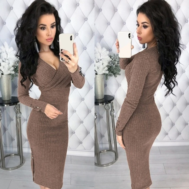 Женское облегающее платье-карандаш однотонное платье с длинными рукавами