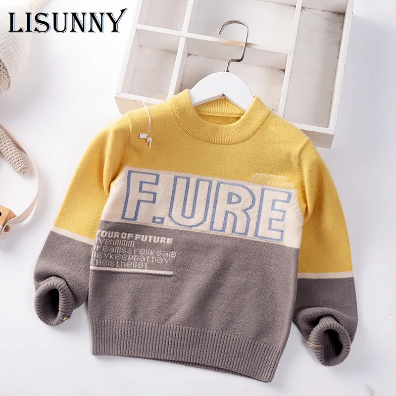 

Boys Sweater 2021 Autumn Winter O-Neck Letter Baby Jumper Knitted Children Sweaters Toddler Pullover Kid Clothes 2-8y Spliced