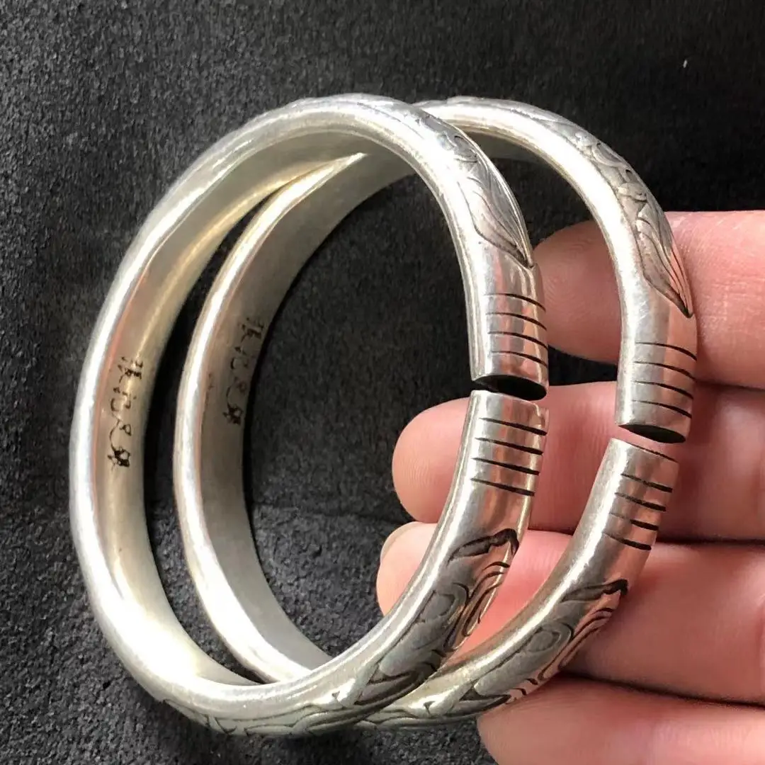 

1pc Antiques miscellaneous Tibetan Silver Miao silver bracelet ethnic style lotus luck foot Silver Bracelet