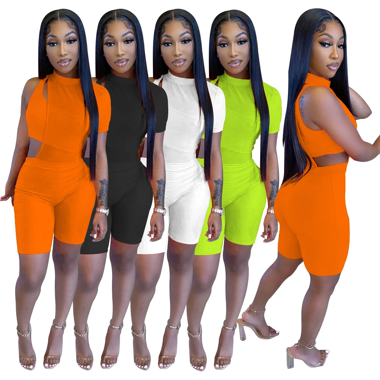 

Sexy Sheer Mesh Women Bodysuit Knit Ribbed One Shoulder Jumpsuit +Tank Top Two Piece Set Tracksuit Streetwear Matching Sets