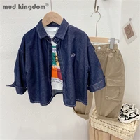 mudkingdom kids shirt pants set fashion solid long sleeve denim tops loose overalls trousers spring autumn sets boys outfits
