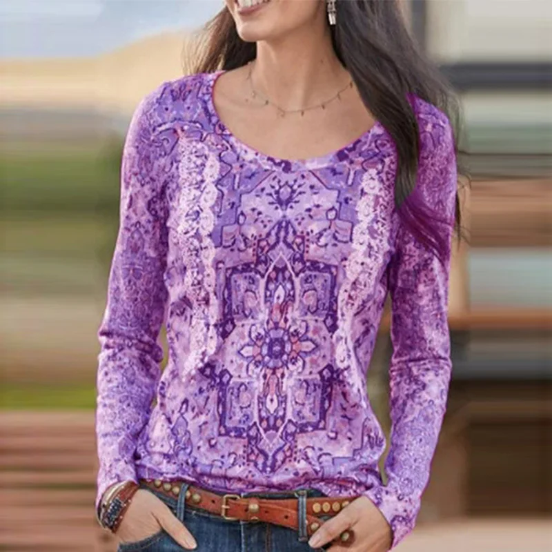 

2021 Spring Autumn Plus Size Blouse Shirt Elegant Floral Print Women Pullover Top Casual O Neck Long Sleeve Blusa Streetwear