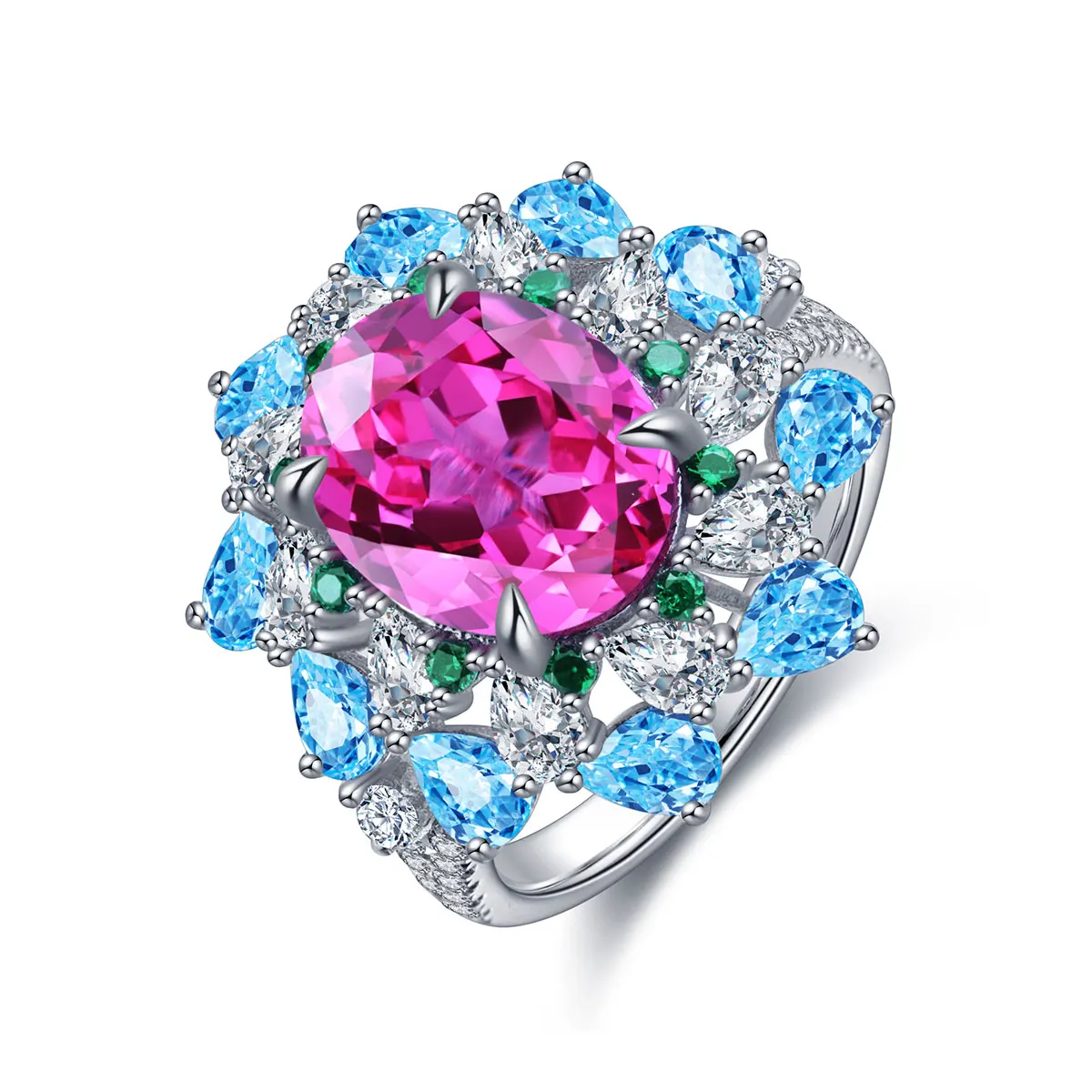 

Fashion Trends Jewelry Oval Shape Lab Grown Ruby Sapphire Gemstones Blue Pink Flower Pattern Silver Rings