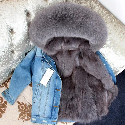 fox fur liner Мех лисы Подклад Деним куртка Пальто Парка Воротник мех енота Женщины Пальто Куртки Деним - Цвет: fox fur liner