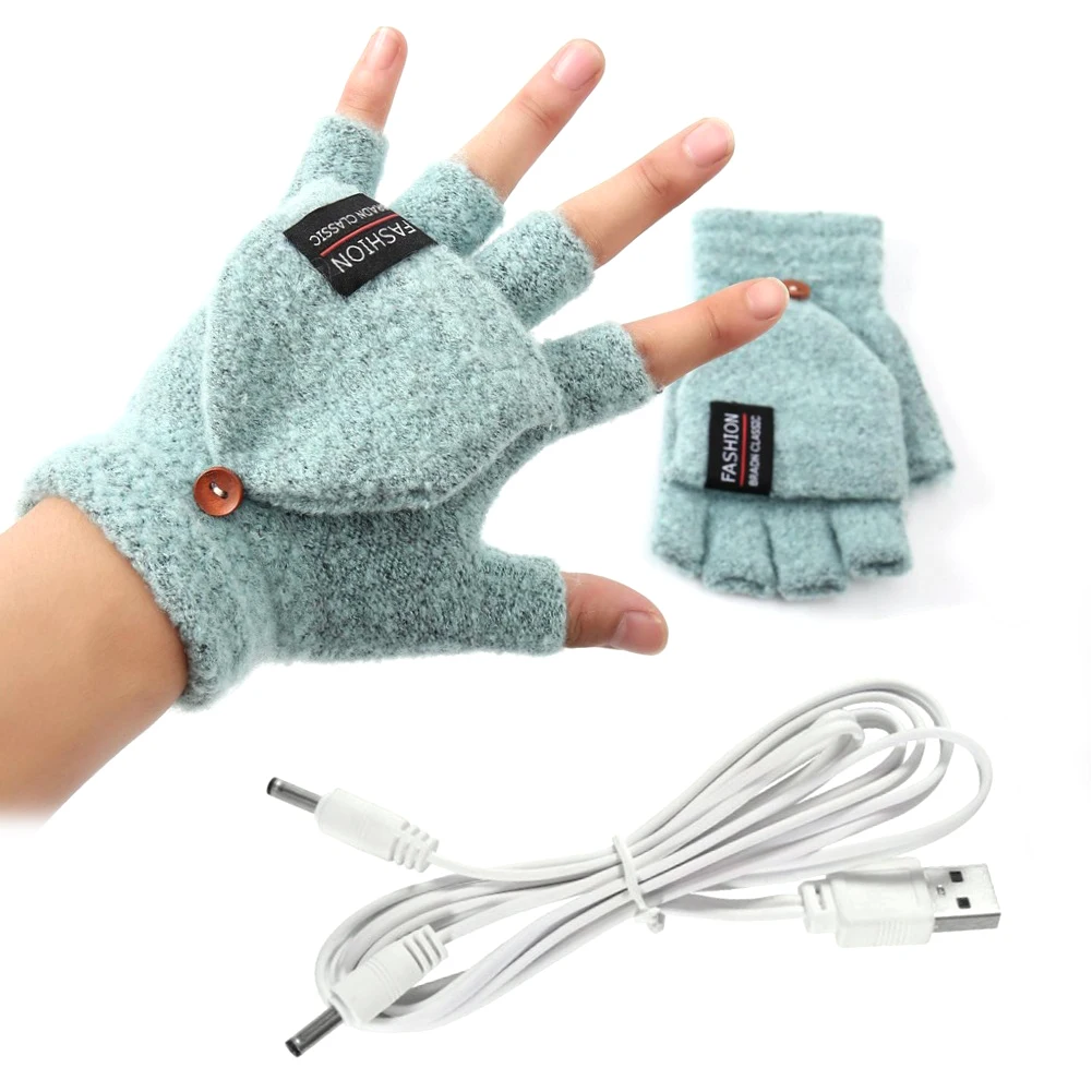 USB Electric Heated Gloves 2-Side Heating Convertible Fingerless Glove Knitted Mittens Adjustable Heat Waterproof Cycling Skiing | Спорт и