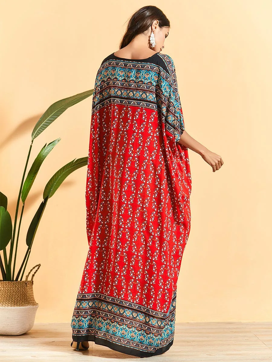 

bohemian women printed maxi dress batwing half sleeve robe summer gown Eid Ramadan kaftan Islamic muslim abaya Jubah Djellaba