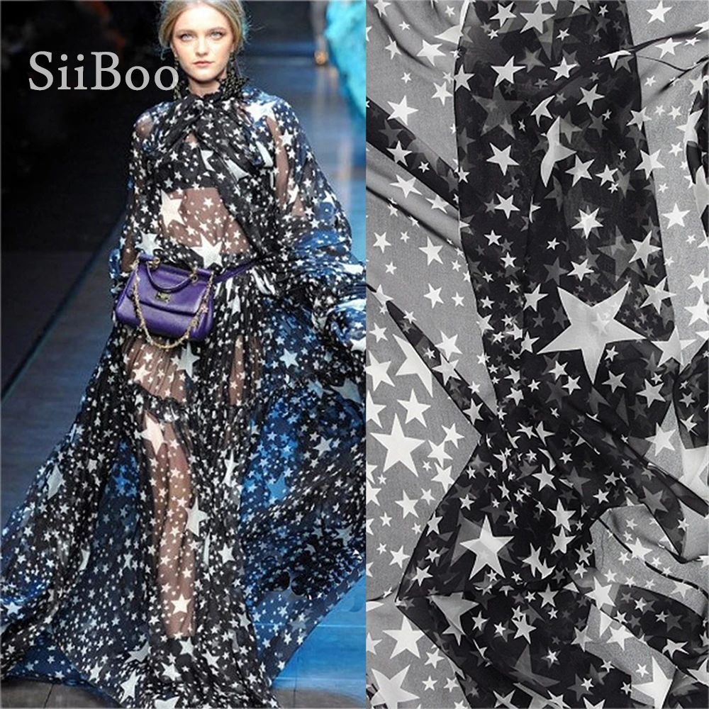 

Black white star print 100% silk chiffon fabric for dress silk natural tissue telas tecidos stoffen 6mm free shipping SP1527
