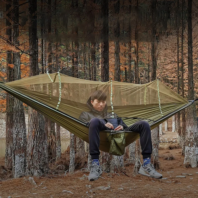

Outdoor Anti-mosquito Nylon Hammock 1-2 Person Portable Hanging Bed Strength Parachute Fabric Sleep Swing Hike Travel Survival