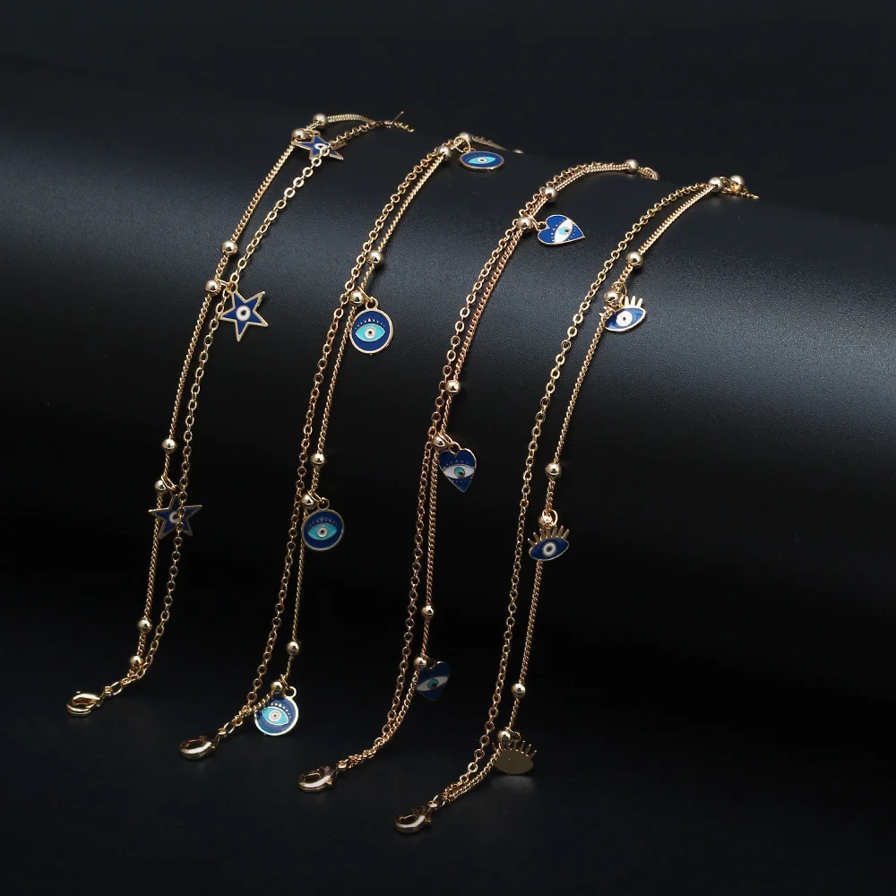 

Lucky Eye Flower Star Heart Fatima Hamsa Hand Anklet Gold Color Link Chain Foot Ankle Bracelet Adjustable for Women Girls BD240