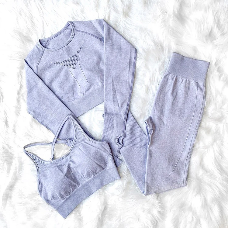 

3pcs Seamless Gym Set Women Fitness Yoga Set Workout Clothes for Women Long Sleeve Top Sports Bra High Waist Leggings Sport Wear