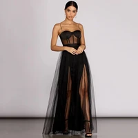 eightree a line spaghetti straps beading spree dress high side split sexy evening dresses tulle custom made formal party gowns