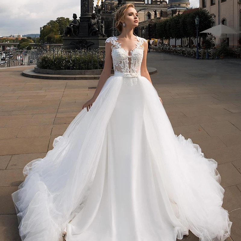 

Luxury Mermaid Wedding Dresses Sleeveless Satin Detachable Train 2 In 1 Lace Applique Wedding Gowns Invisible back design